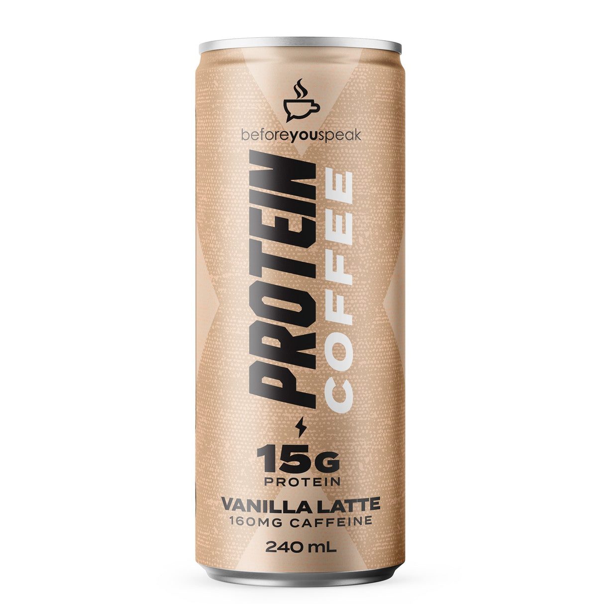 A single can of Before You Speak Protein Coffee Vanilla Latte, 240 mL, on a clean white background. The can features a textured light brown kraft-paper style design with black and white text.