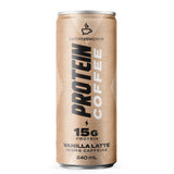 A single can of Before You Speak Protein Coffee Vanilla Latte, 240 mL, on a clean white background. The can features a textured light brown kraft-paper style design with black and white text.
