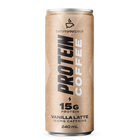 A single can of Before You Speak Protein Coffee Vanilla Latte, 240 mL, on a clean white background. The can features a textured light brown kraft-paper style design with black and white text.