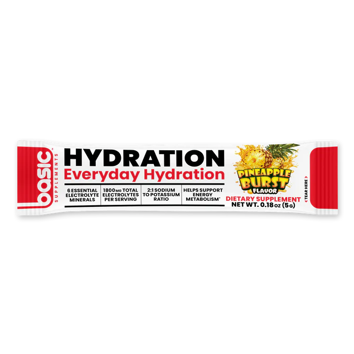 Hydration stick pack with pineapple burst flavor on a white background