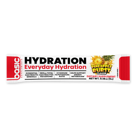 Hydration stick pack with pineapple burst flavor on a white background