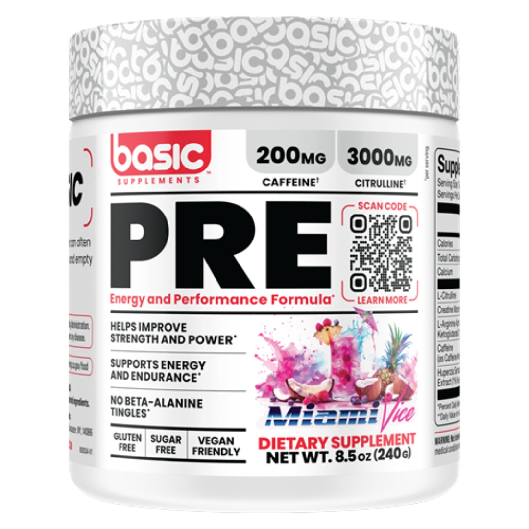 Basic supplements pre workout supplement, energy and performance forumula, miami vice flavour