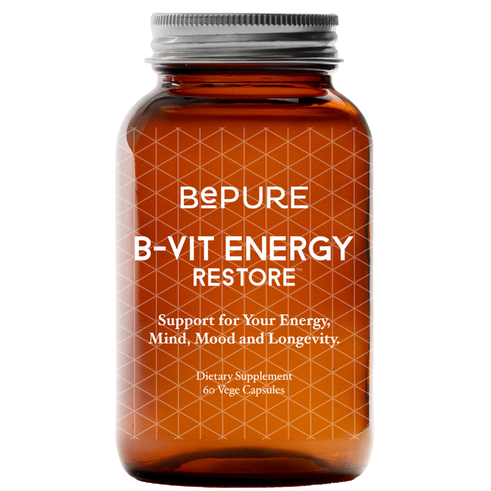 Brown supplement bottle labeled 'B-Vit Energy Restore' with geometric pattern on a white background