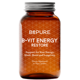 Brown supplement bottle labeled 'B-Vit Energy Restore' with geometric pattern on a white background