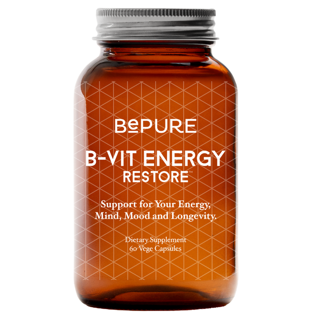 Brown supplement bottle labeled 'B-Vit Energy Restore' with geometric pattern on a white background