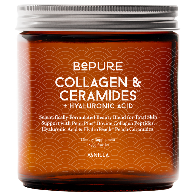 Jar of Bepure Collagen & Ceramides supplement with vanilla flavor on a white background
