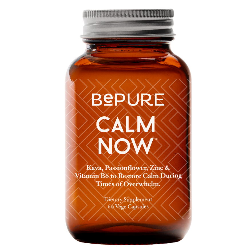 Brown supplement bottle labeled 'BEPURE CALM NOW' on a white background