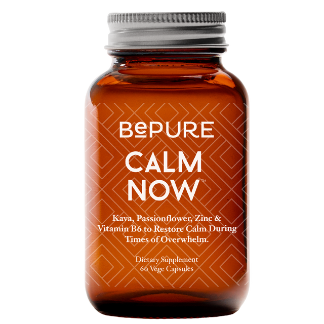 Brown supplement bottle labeled 'BEPURE CALM NOW' on a white background