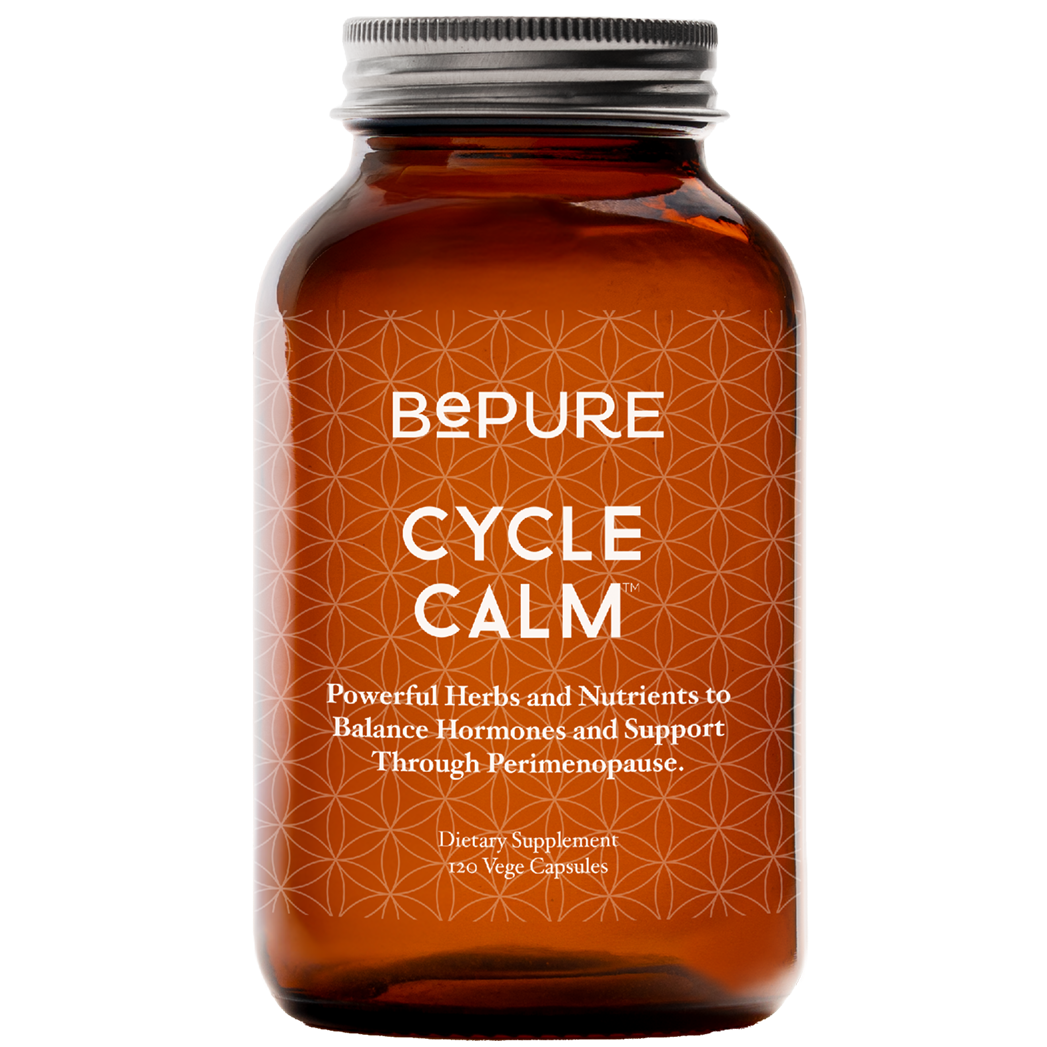 Brown supplement bottle labeled 'Cycle Calm' by BePure on a white background