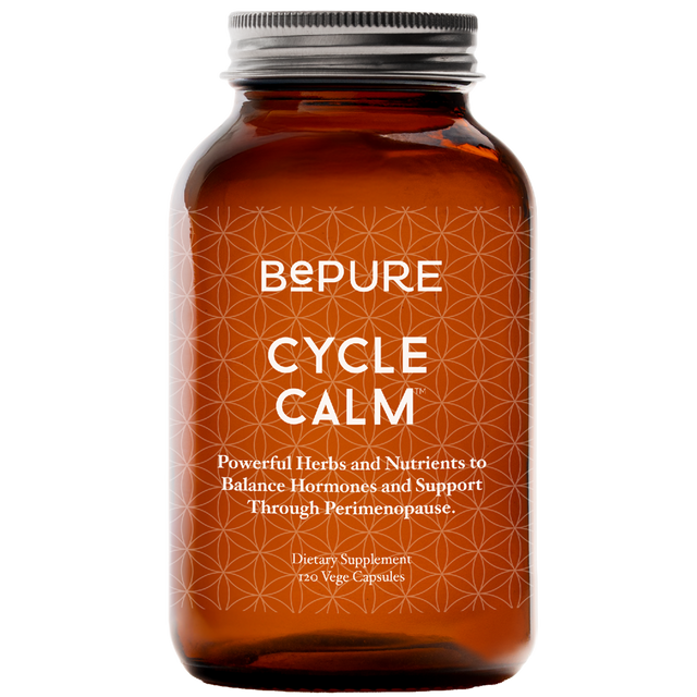 Brown supplement bottle labeled 'Cycle Calm' by BePure on a white background