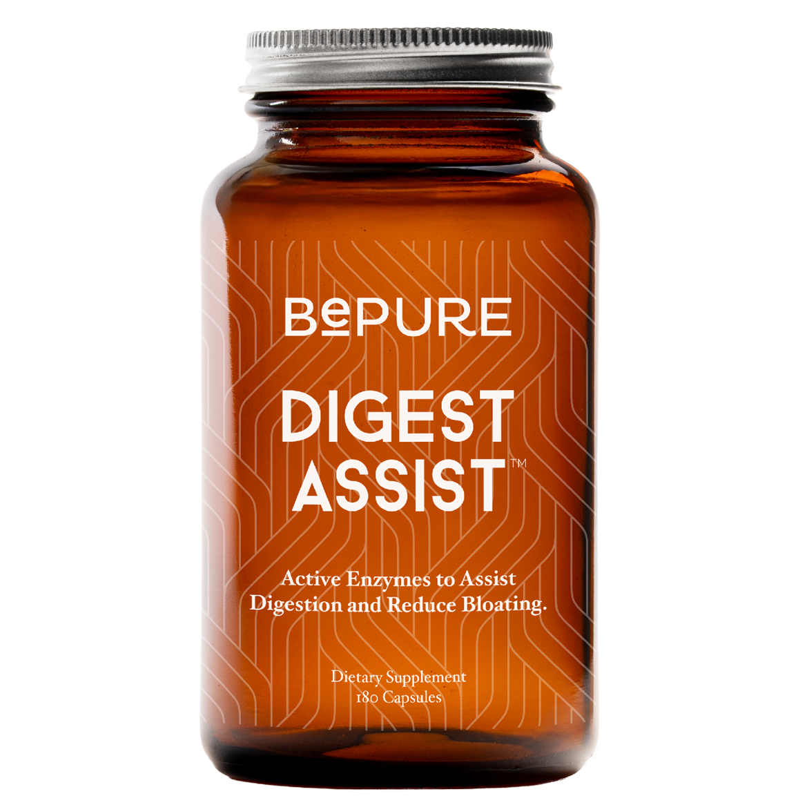 Brown supplement bottle labeled 'Bepure Digest Assist' on a white background