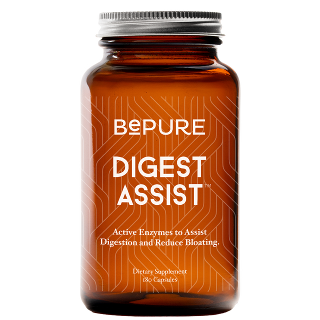 Brown supplement bottle labeled 'Bepure Digest Assist' on a white background