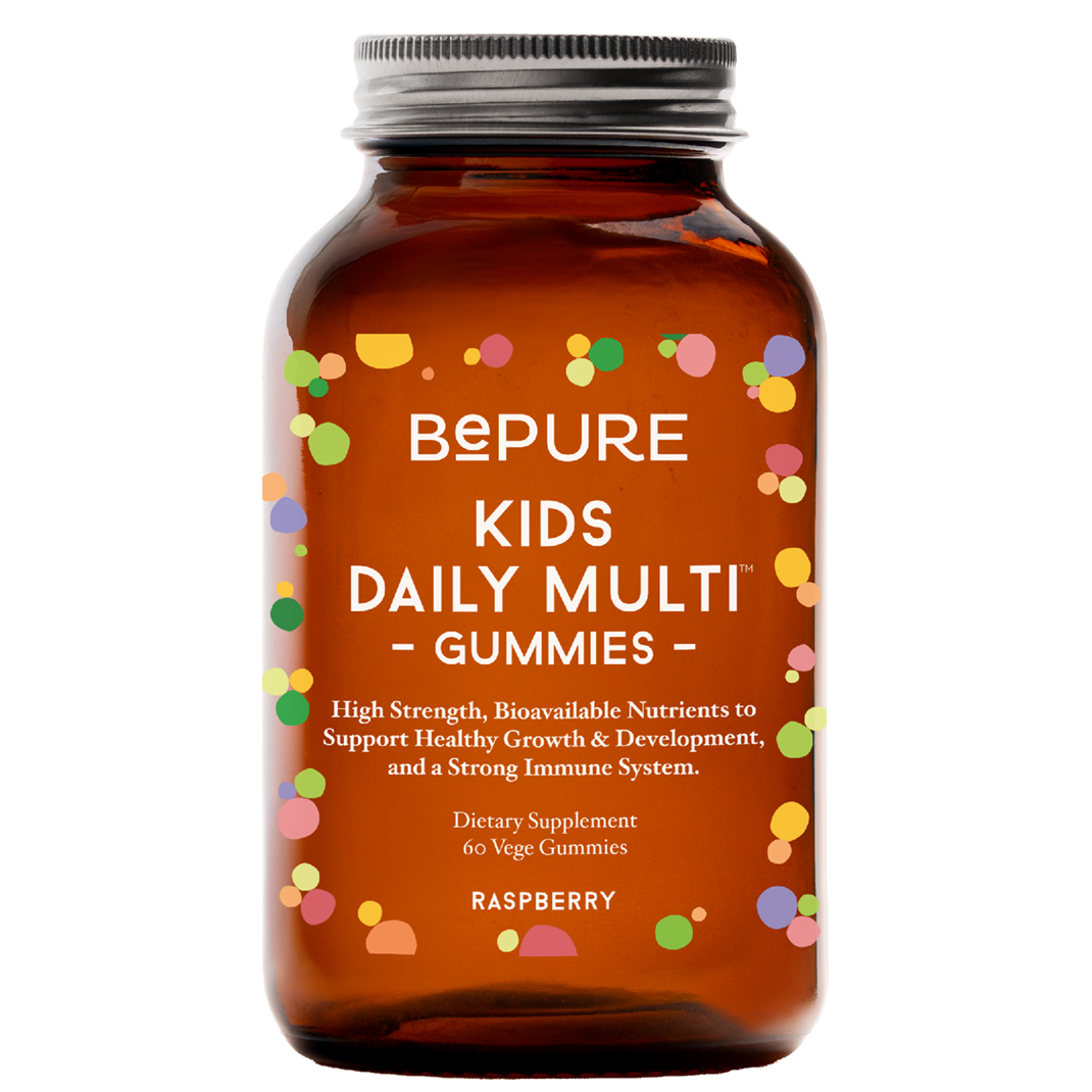 Brown bottle of BEPURE Kids Daily Multi Gummies on a white background