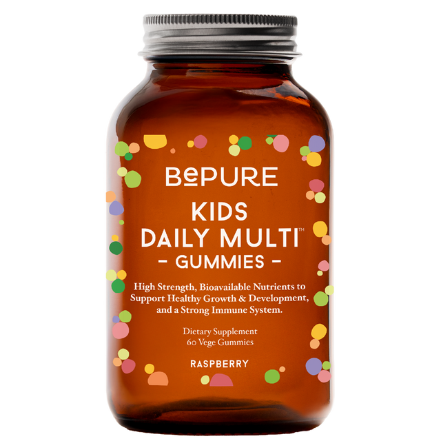 Brown bottle of BEPURE Kids Daily Multi Gummies on a white background