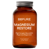Brown supplement bottle labeled 'Bepure Magnesium Restore' on a white background