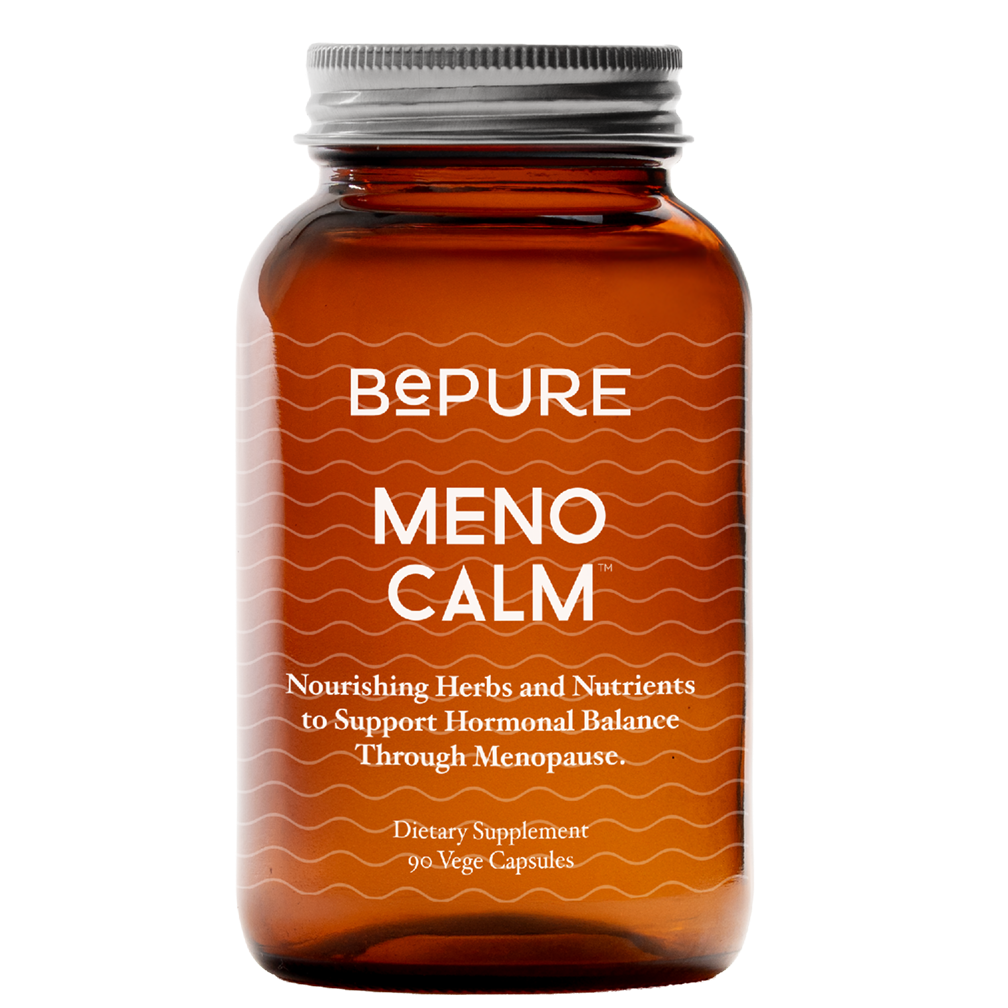 Brown supplement bottle labeled 'Bepure Meno Calm' on a white background