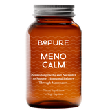 Brown supplement bottle labeled 'Bepure Meno Calm' on a white background