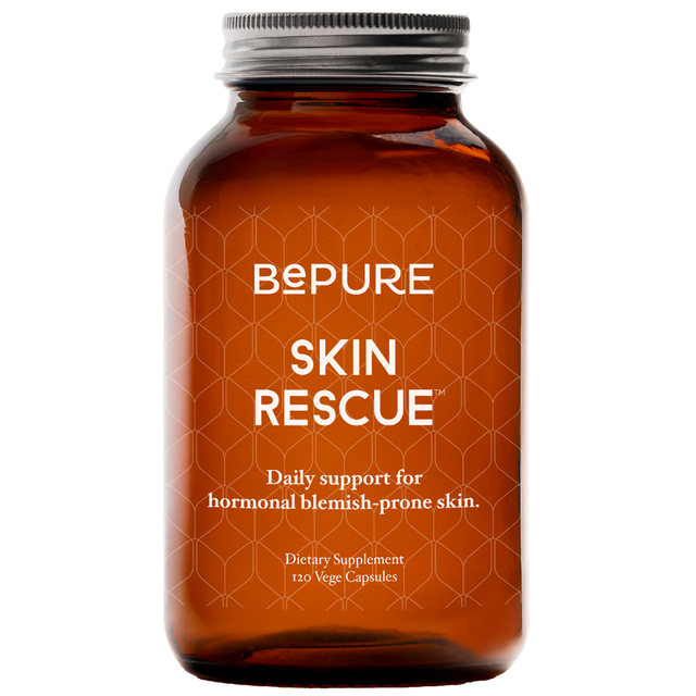 Brown supplement bottle labeled 'BEPURE SKIN RESCUE' on a white background