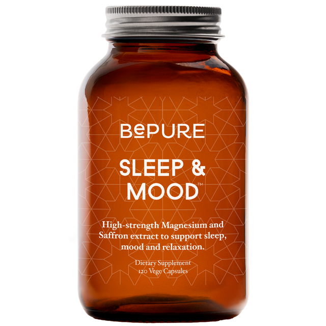 Brown supplement bottle labeled 'Bepure Sleep & Mood' on a white background