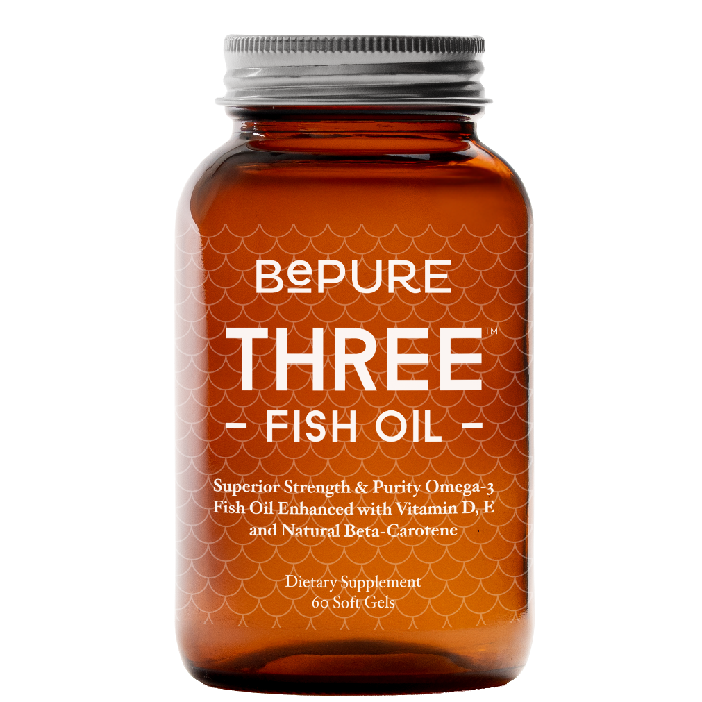 Brown bottle of BEPURE THREE Fish Oil on a white background