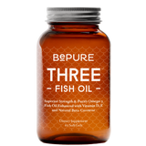 Brown bottle of BEPURE THREE Fish Oil on a white background