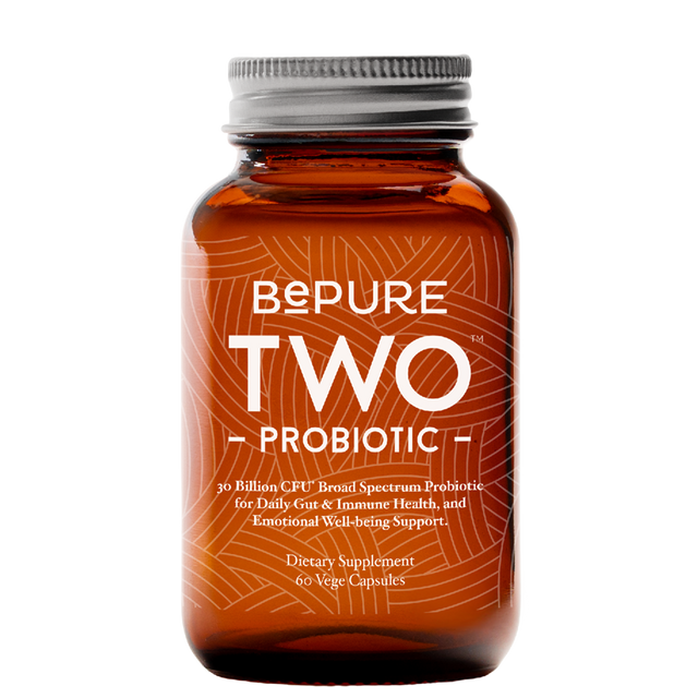 Brown supplement bottle labeled 'Bepure Two Probiotic' on a white background