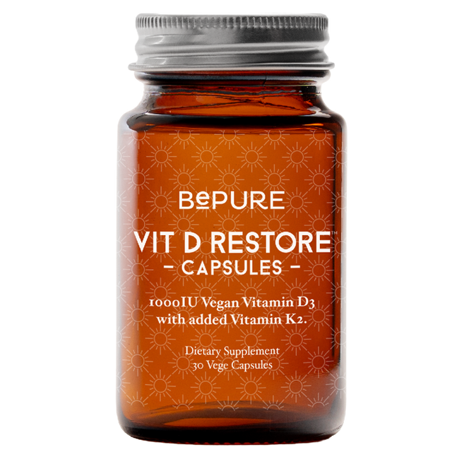 Bottle of Bepure Vit D Restore Capsules on a white background