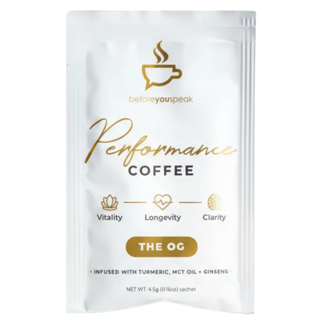 Performance Coffee package with 'beforeyouspeak' branding on a white background