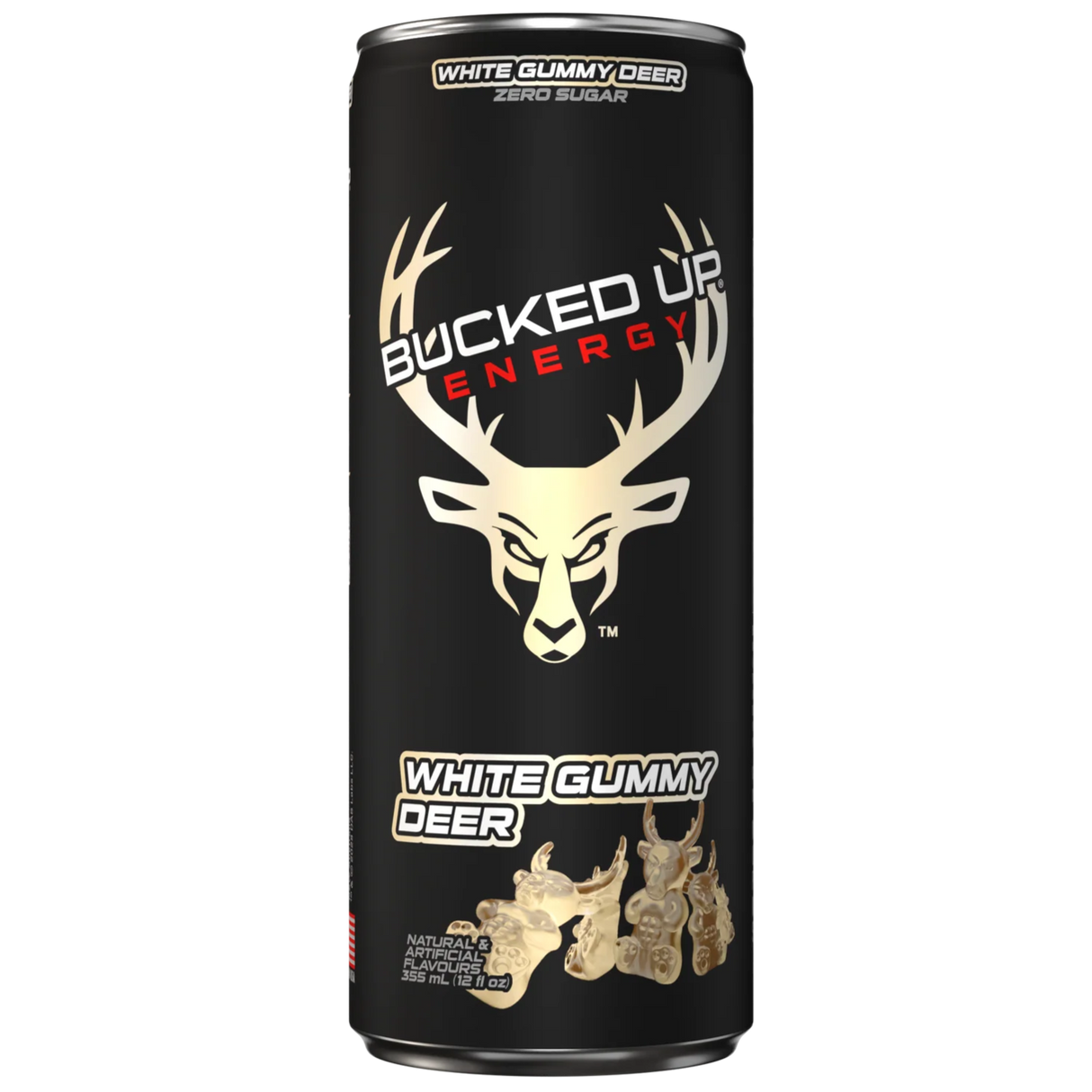 Black energy drink can with deer graphics and text on a white background