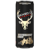 Black energy drink can with deer graphics and text on a white background
