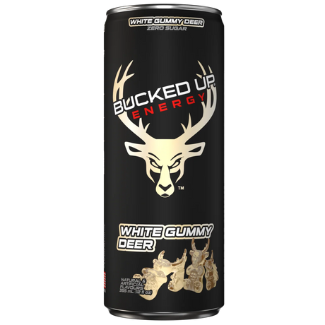 Black energy drink can with deer graphics and text on a white background