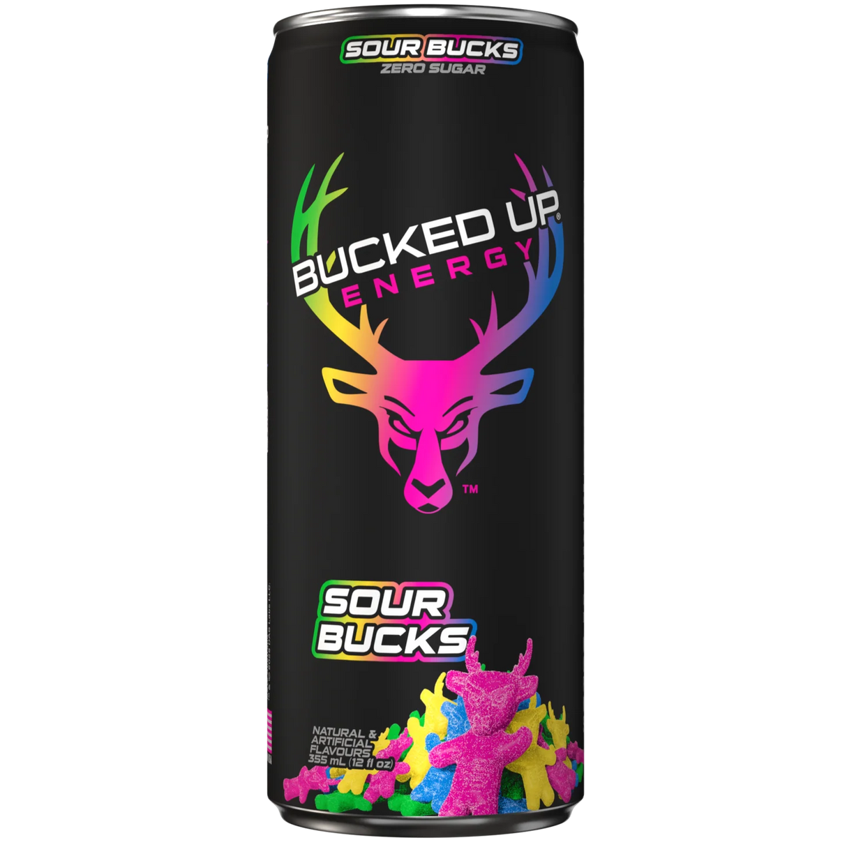 Black energy drink can with colorful design and text on a white background
