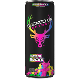 Black energy drink can with colorful design and text on a white background