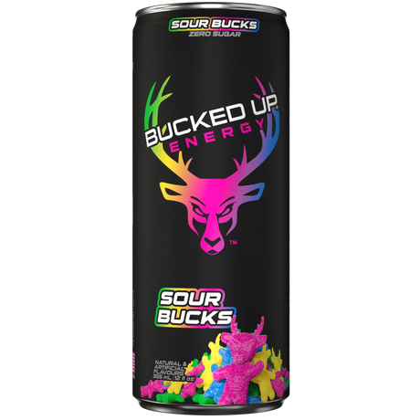 Black energy drink can with colorful design and text on a white background