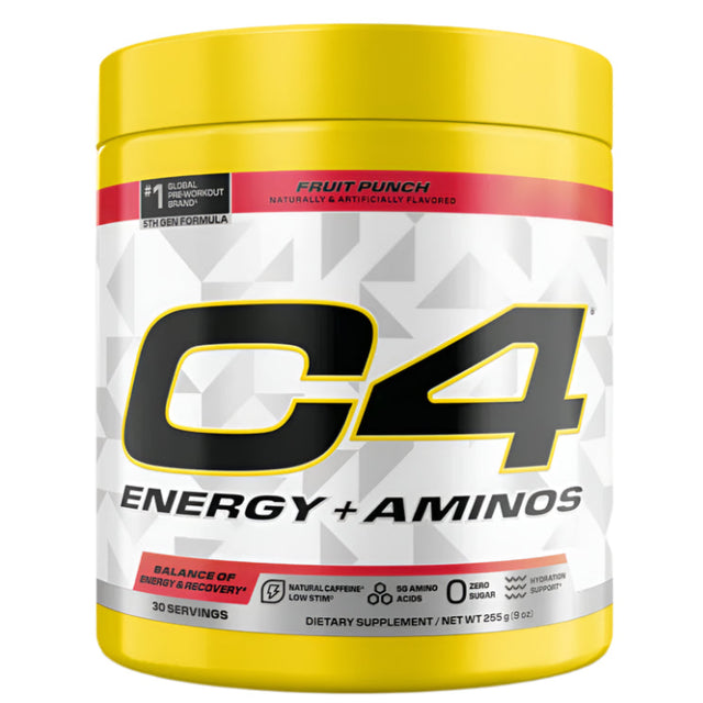 C4 Energy + Aminos supplement container with yellow lid and white body on a light gray background