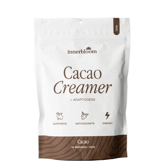 White package of Innerbloom Cacao Creamer on a white background