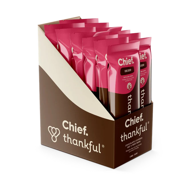 Chief Thankful chocolate covered oat and seed packaging on a white background