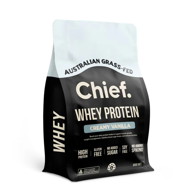 Chief Whey Protein package in creamy vanilla flavor on a white background