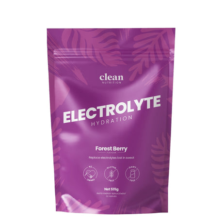 Purple package of clean nutrition electrolyte powder with forest berry flavor on a white background
