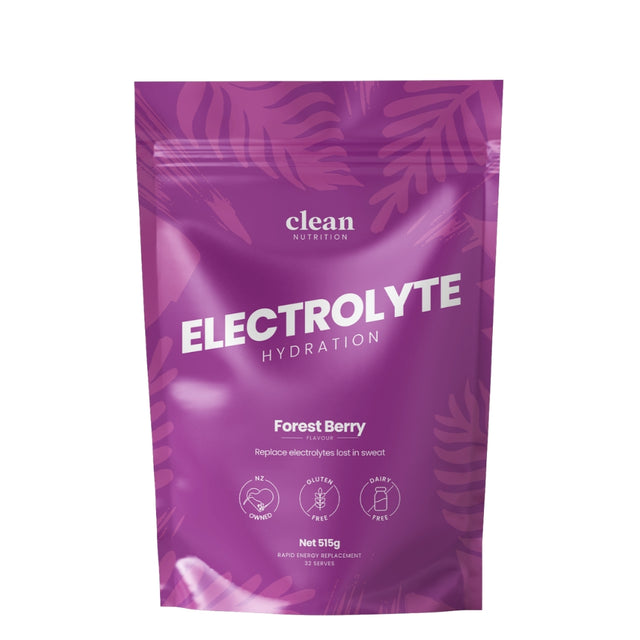 Purple package of clean nutrition electrolyte powder with forest berry flavor on a white background