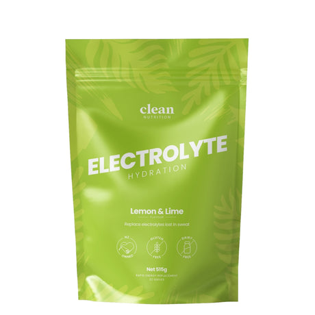 Green package of clean nutrition electrolyte powder with lemon and lime flavor on a white background