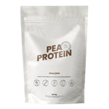 Package of chocolate pea protein on a white background