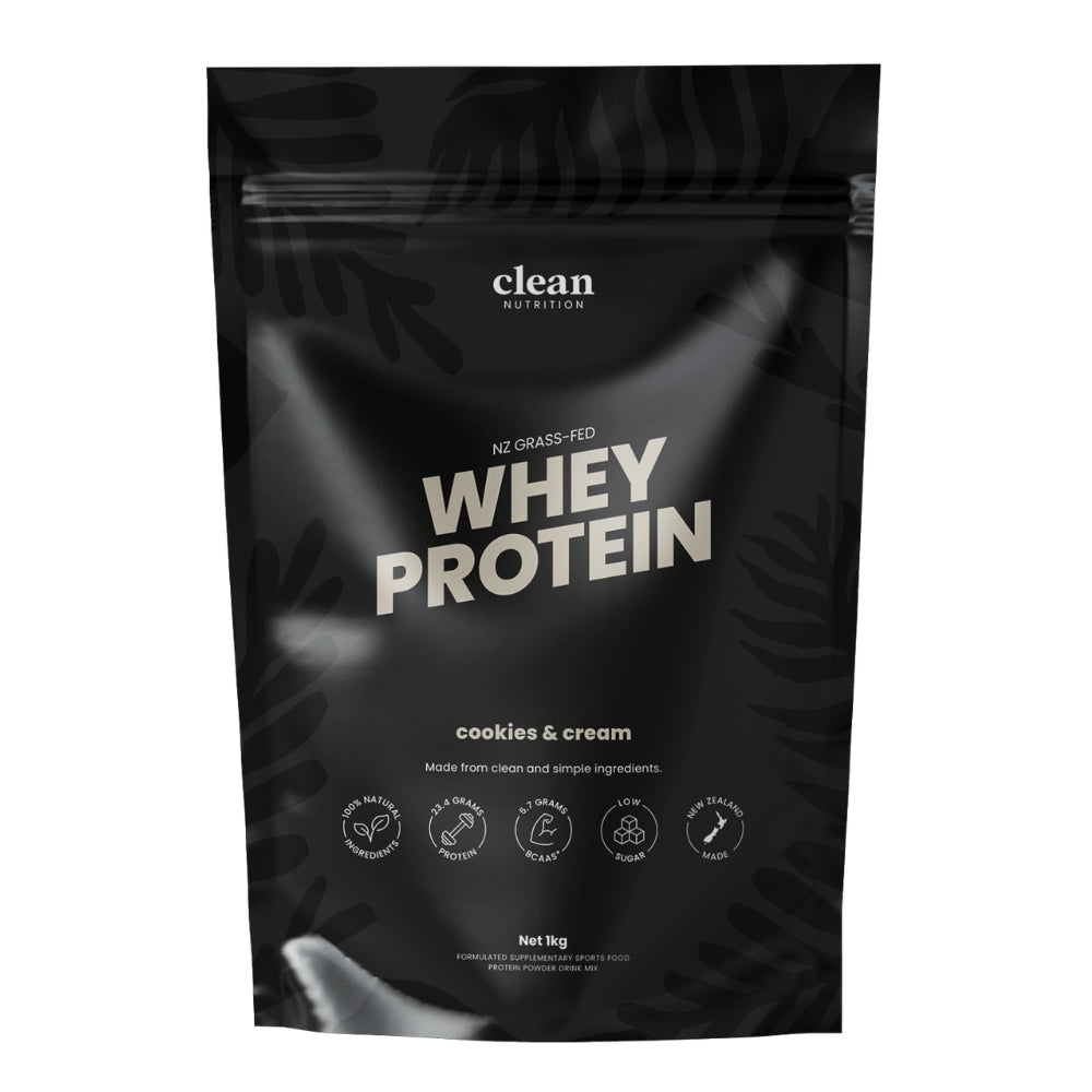Black packaging of clean nutrition whey protein with 'cookies & cream' flavor on a white background
