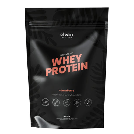 Black package of clean nutrition whey protein with strawberry flavor on a white background