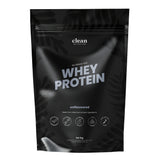 Black packaging of clean whey protein with white text on a white background. Unflavoured