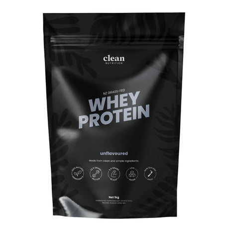 Black packaging of clean whey protein with white text on a white background. Unflavoured