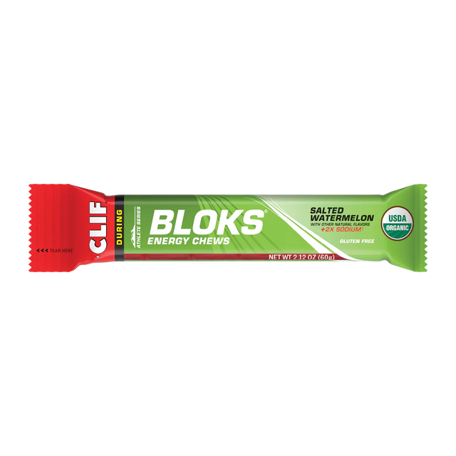 Clif Bloks Salted Watermelon energy chew packaging on a white background