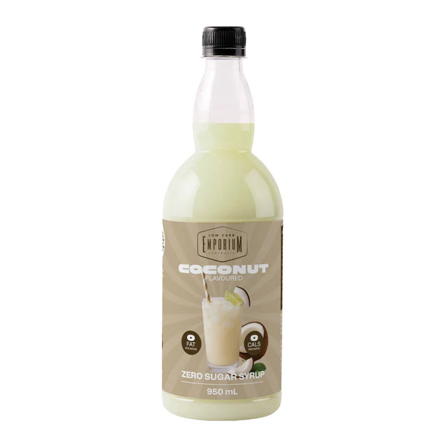 Bottle of coconut-flavored syrup with a white background