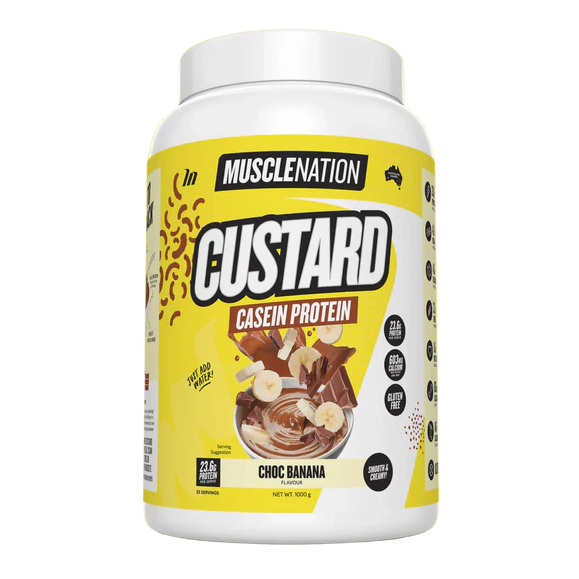 MUSCLENATION Custard Casein Protein container with yellow label on a white background