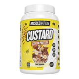 MUSCLENATION Custard Casein Protein container with yellow label on a white background